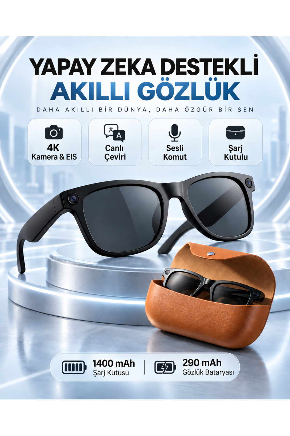 Mega Plus Video Kamera Kameralı 4K EIS Stabilizasyon Gerçek Zamanlı Çeviri Bluetooth Müzik Görüşme