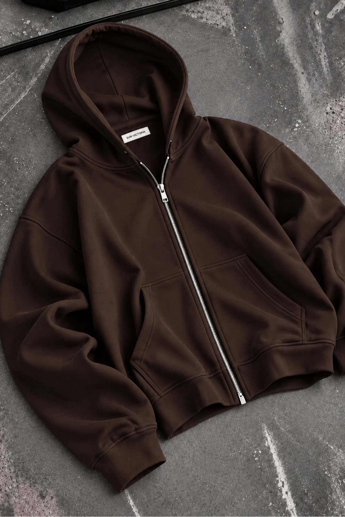 Sun Victoria Kahverengi Modal Oys Kumaş Demir Fermuarlı Kapüşonlu Cepli Oversize Sweatshirt