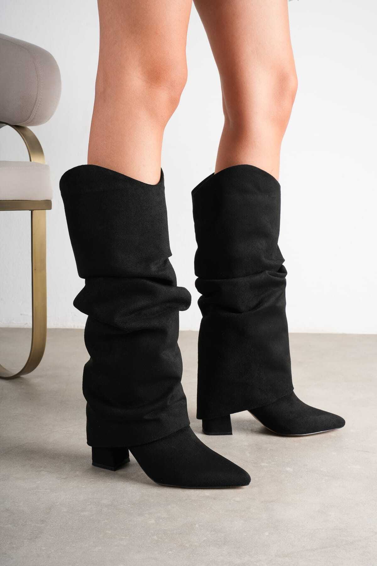GÜZEL SHOES Lenaa Siyah Süet Büzgülü Tak-Çıkar Aparatlı Sivri Burun Topuklu Çizme Bot Fermuarlı Kadın Ayakkabı görsel 4