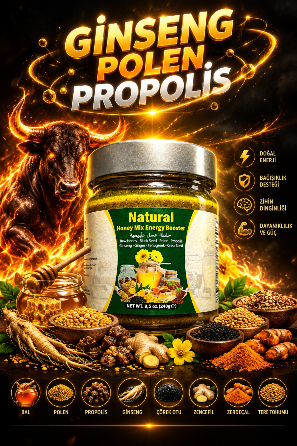 Nat-Prod Ginseng Polen Propolis Karışımı Atom Doğal Bitkisel Karışımlı Macun 240 gr — 8680101346294-ATM