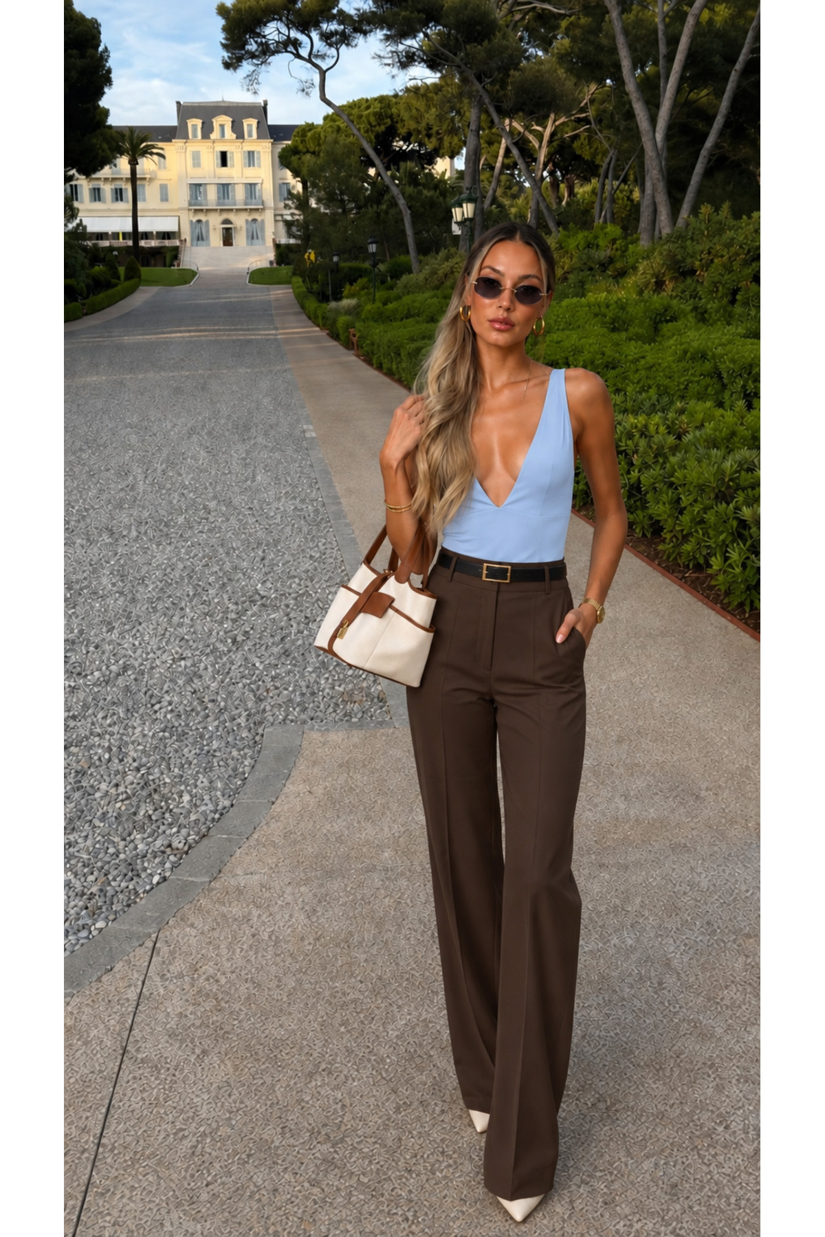 VALEQUİN Kadın Kahverengi Orta Bel Palazzo Kumaş Pantolon Geniş Paça Business Casual Ofis Pantolonu