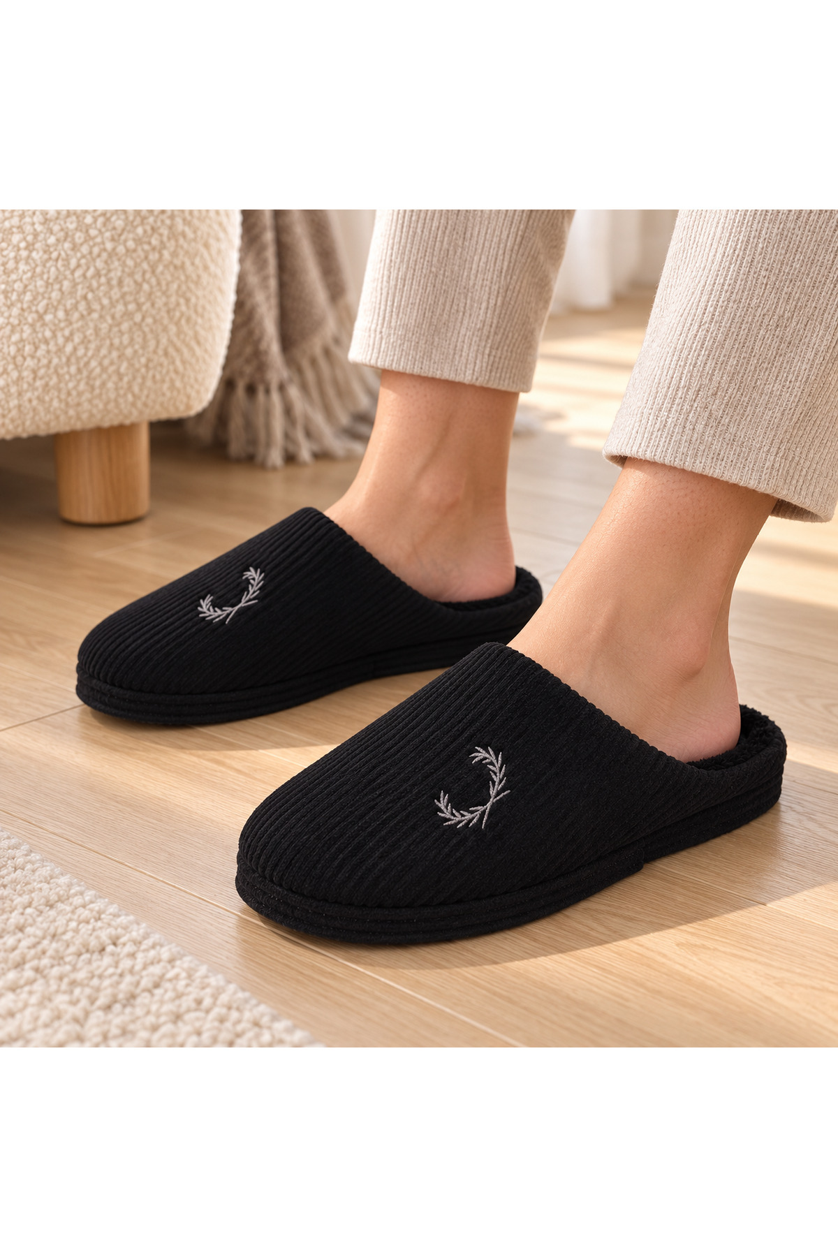 NEWORA Unisex Kışlık Ev Terliği İçi Yumuşak Peluş Fitilli Kumaş Kapalı Burun Günlük Terlik görsel 5