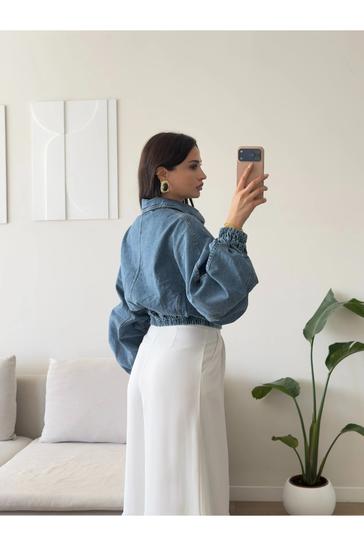 Zoom Butik Yarasa Balon Kol Denim Ceket - AÇIK MAVİ görsel 2