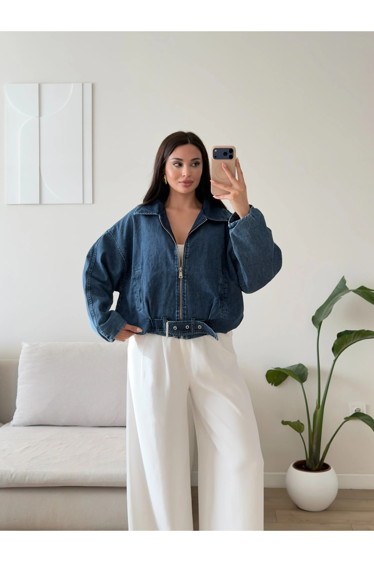 Zoom Butik Kemerli Yarasa Denim Ceket - KOYU