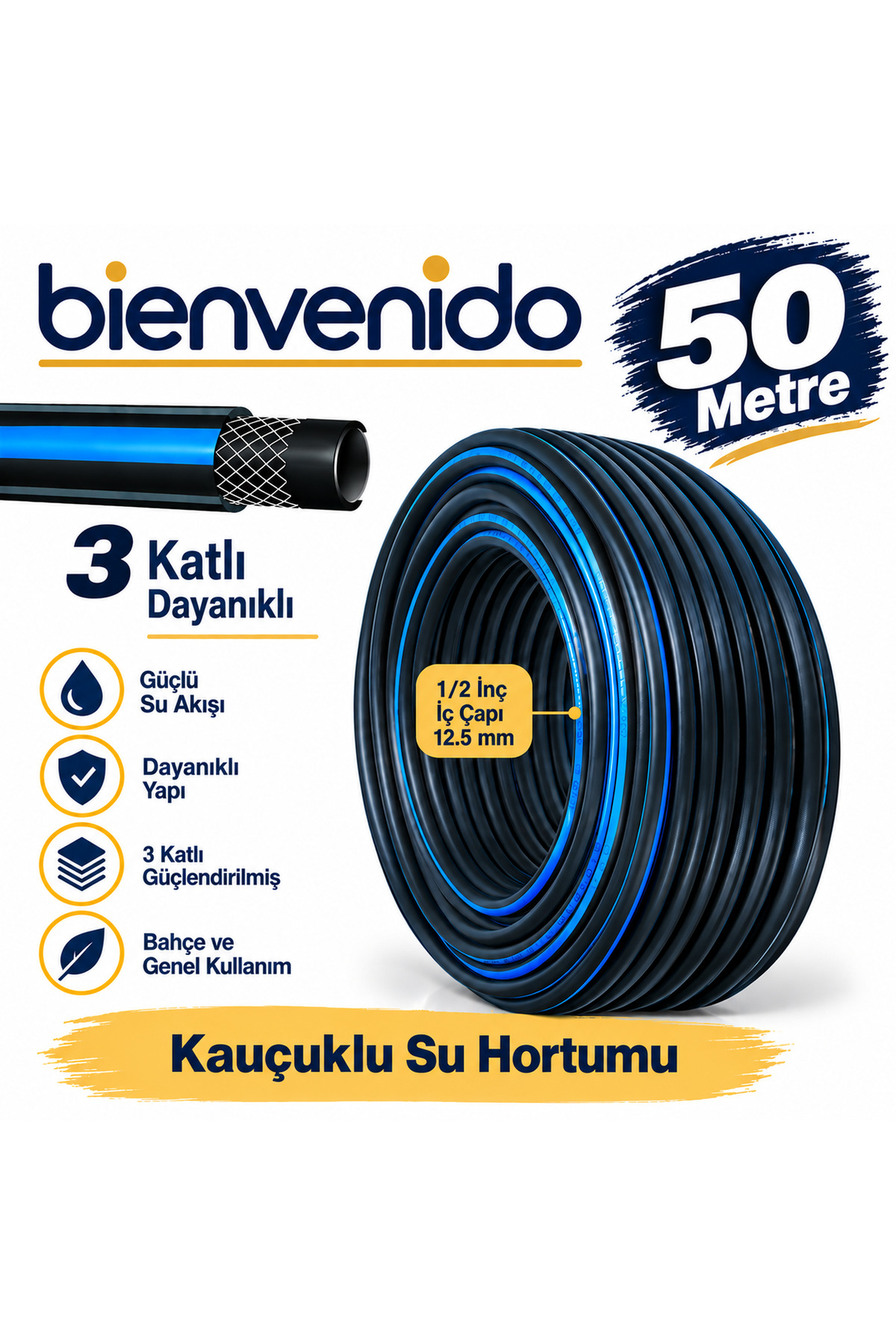 Dayanıklı 50 Metre 3 Katlı Sağlam Termo Kauçuklu Bahçe Su Hortumu Sulama Yıkama Hortum 12.5 mm 1/2" BIE-HRT-50M-125, one size