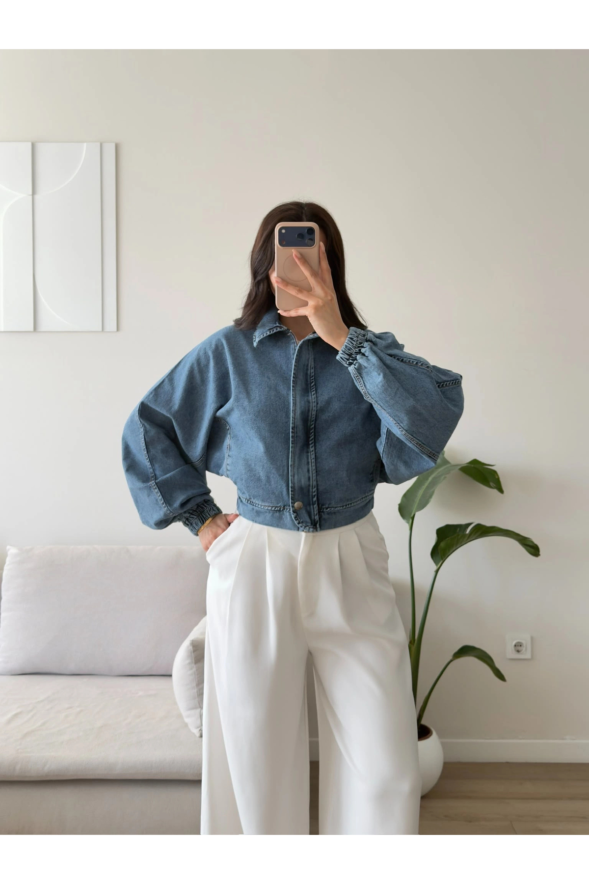 Zoom Butik Yarasa Balon Kol Denim Ceket - AÇIK MAVİ görsel 3