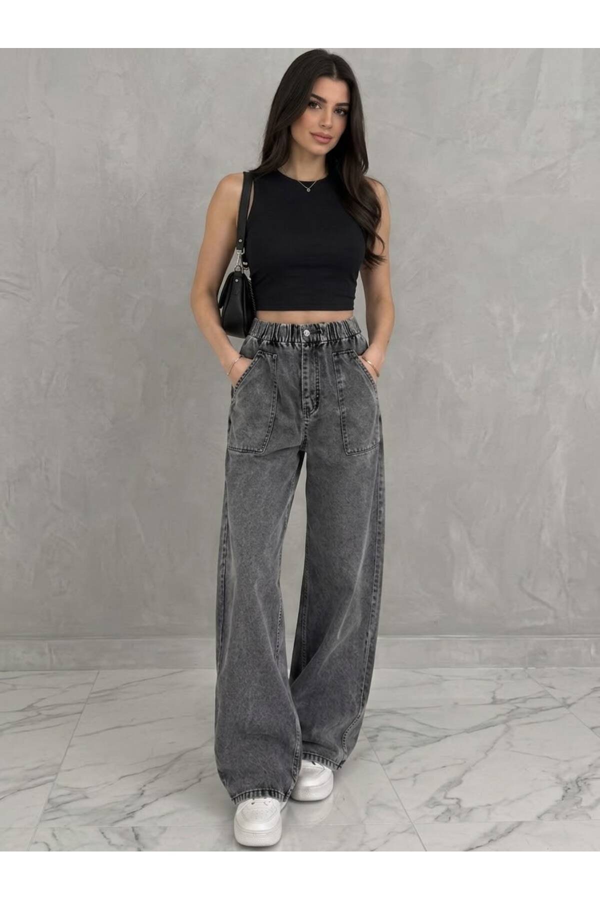 HASALL BUTİK Hsl Hasall Tesetür Beli Lastikli Tek Düğmeli Cpli Kot Pantalon