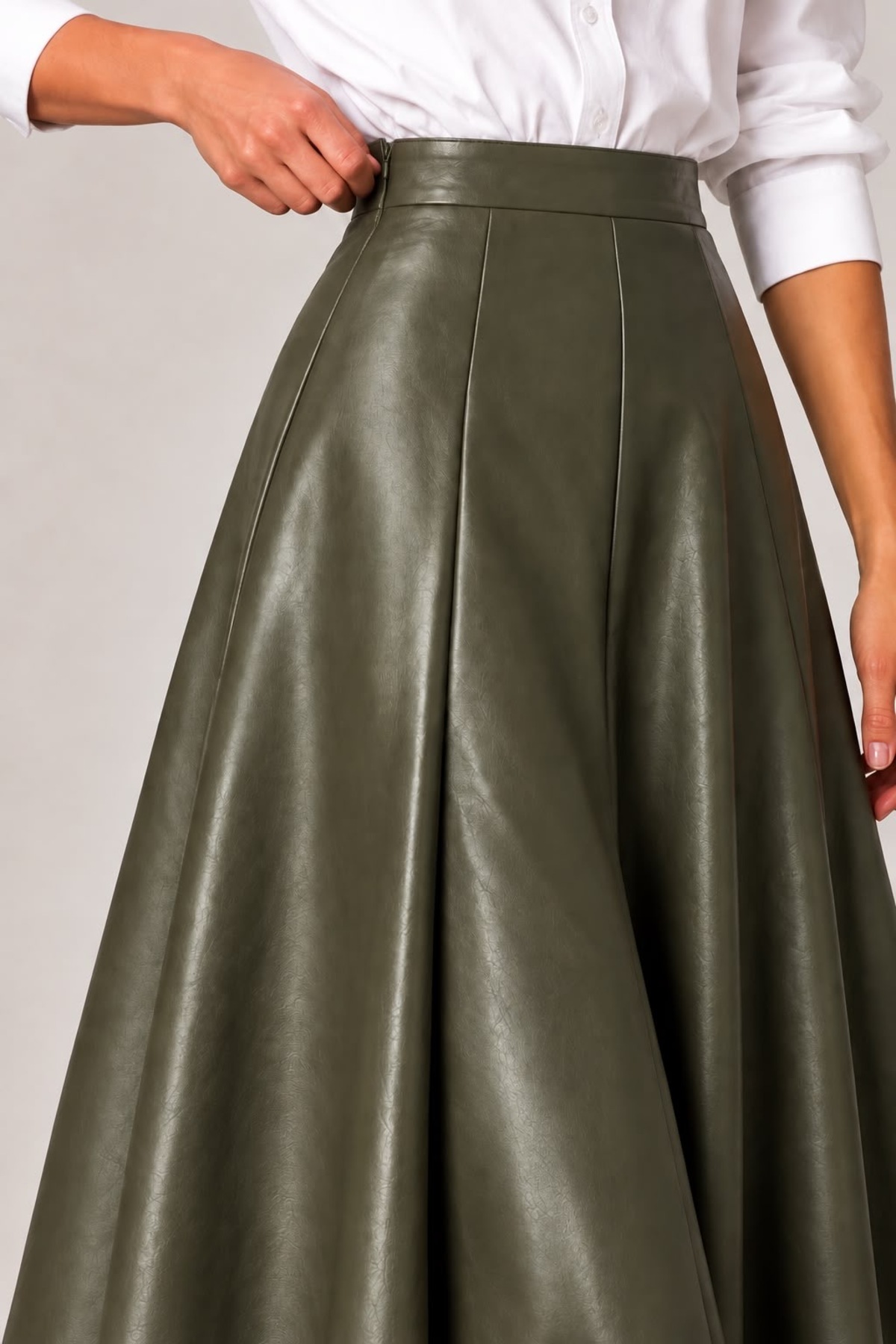 Grenj Fashion Haki Suni Deri Yüksek Bel Maxi Etek görsel 3