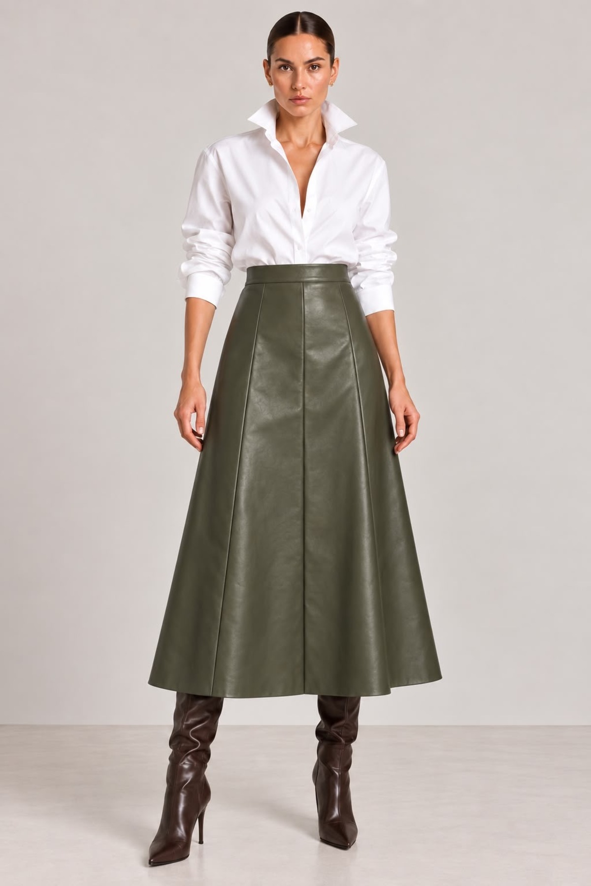 Grenj Fashion Haki Suni Deri Yüksek Bel Maxi Etek görsel 4