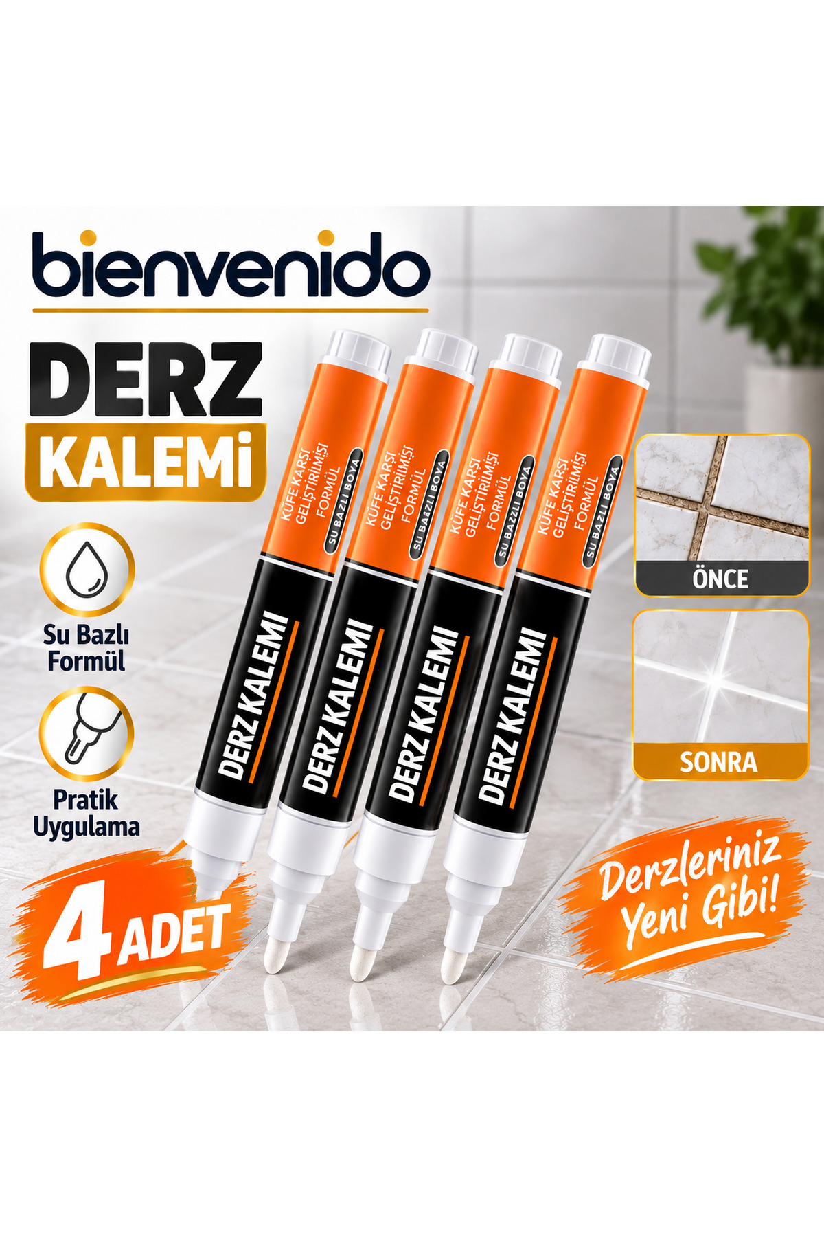 4 Adet Beyaz Fayans Arası Hazır Derz Dolgusu Boyama Boyası Kalemi (Yedek Uçlu) Su Bazlı Yenileme