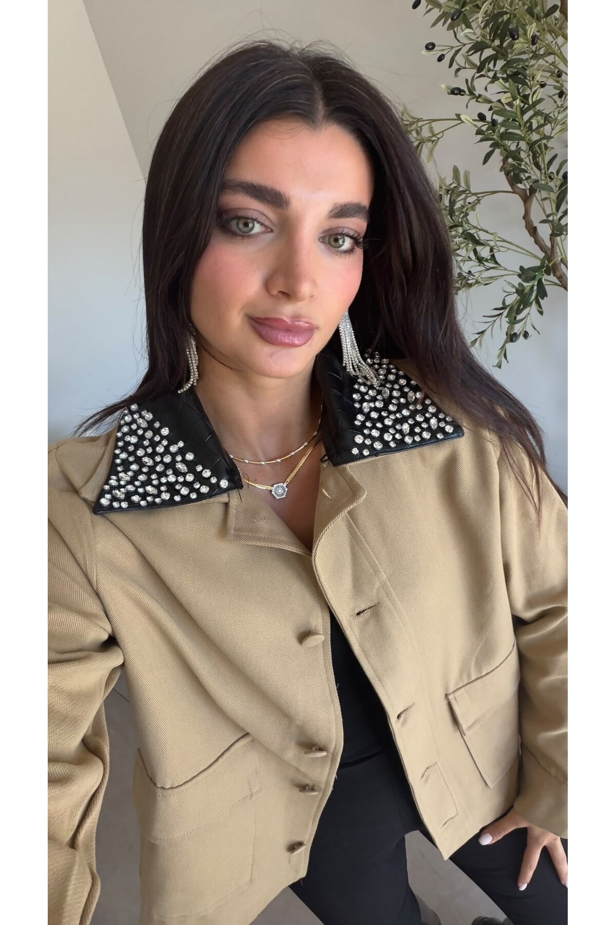 Bade Butik Camel Deri Yaka Taşlı Ceket görsel 2