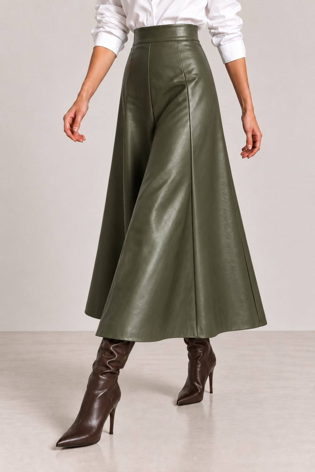 Grenj Fashion Haki Suni Deri Yüksek Bel Maxi Etek görsel 6