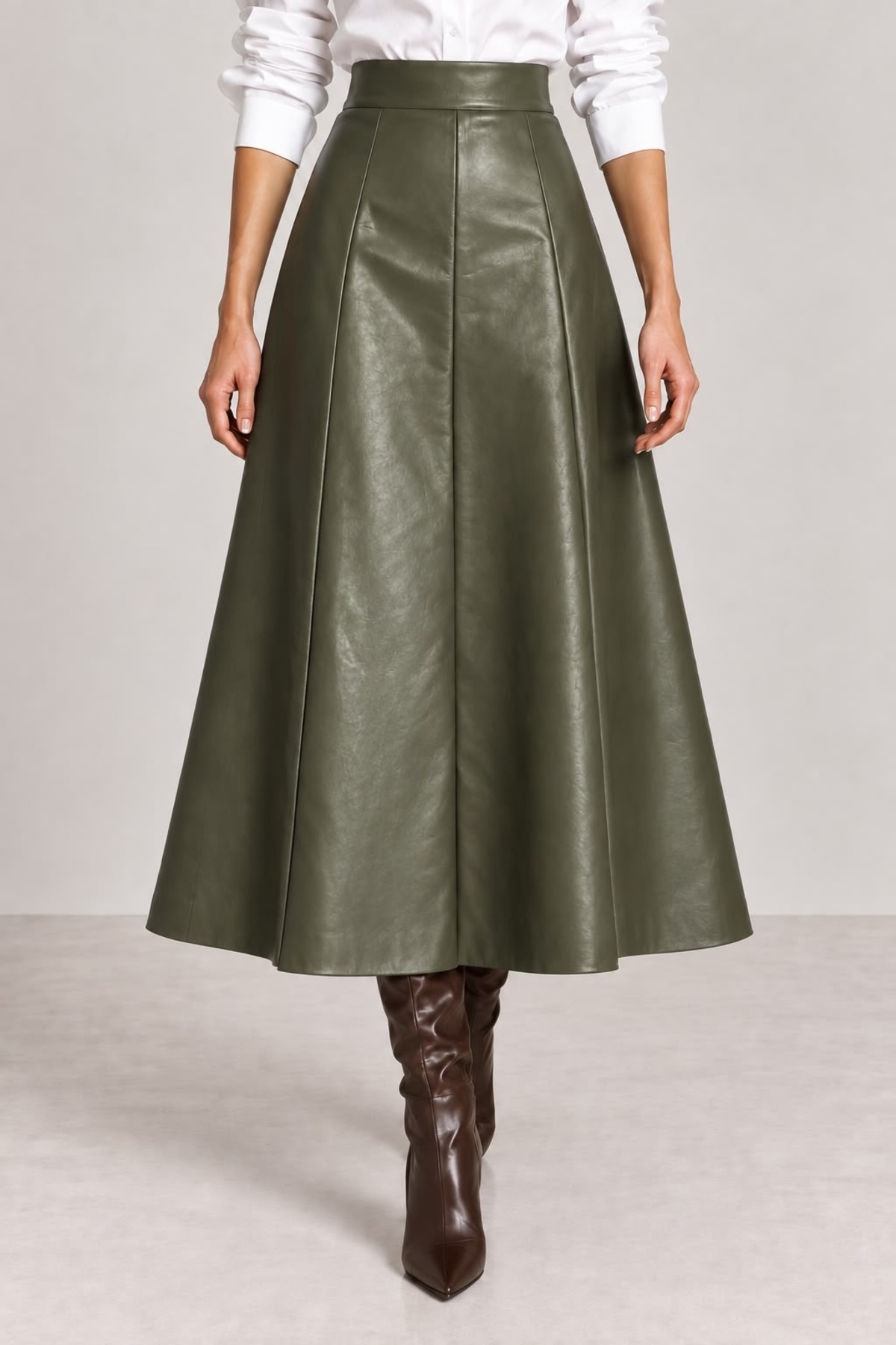 Grenj Fashion Haki Suni Deri Yüksek Bel Maxi Etek