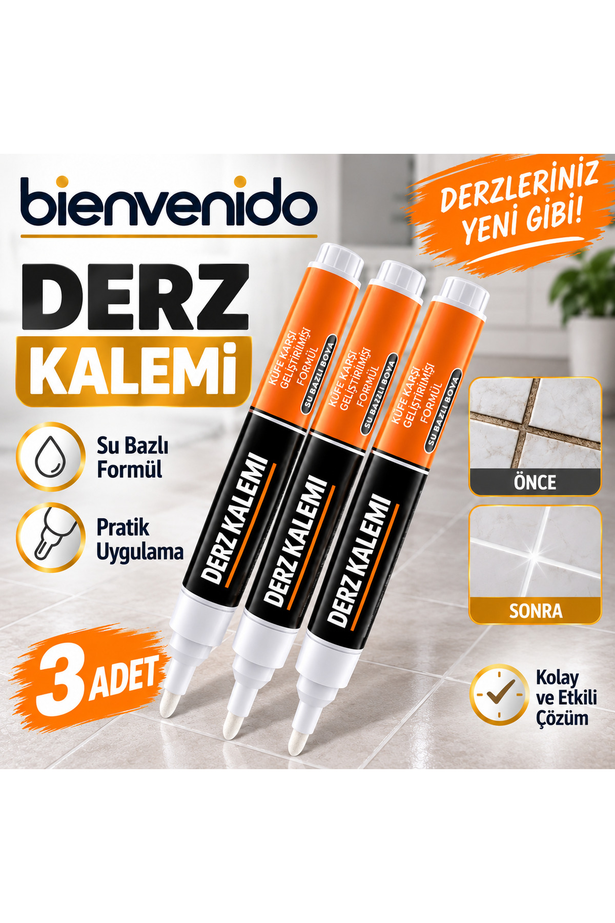 3 Adet Fayans Beyaz Derz Hazır Dolgusu Boyama Boyası Kalemi Hızlı Kuruyan Su Bazlı Yenileme