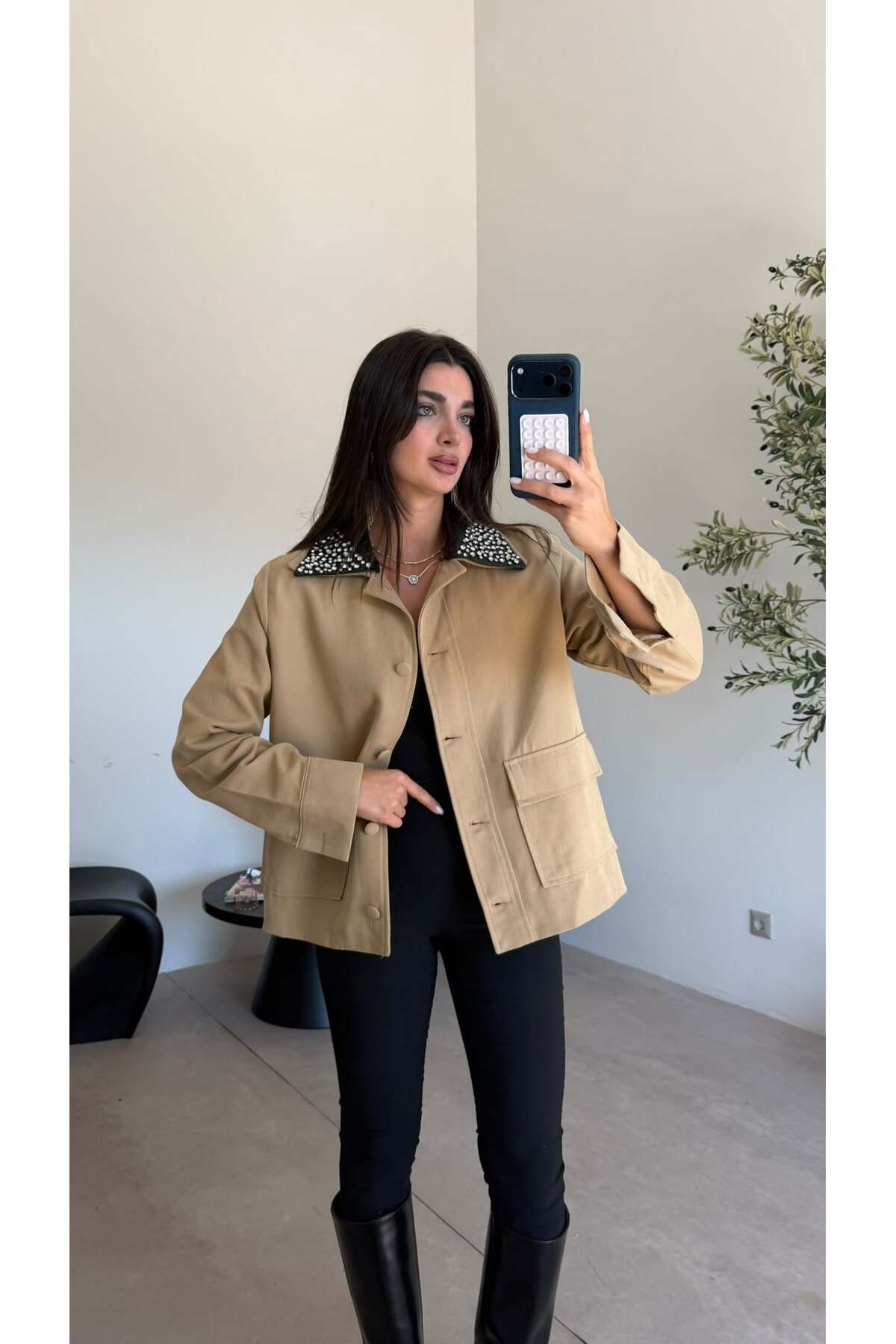 Bade Butik Camel Deri Yaka Taşlı Ceket