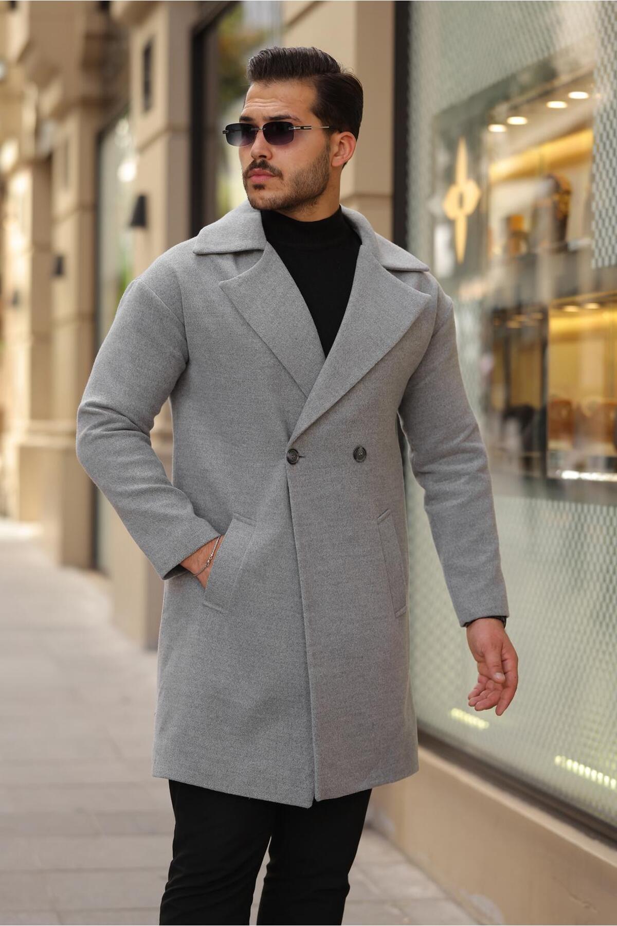 Oversize Kruvaze Yaka Düğmeli Kaban — خاکستری OKBN — تصویر 3 از 4
