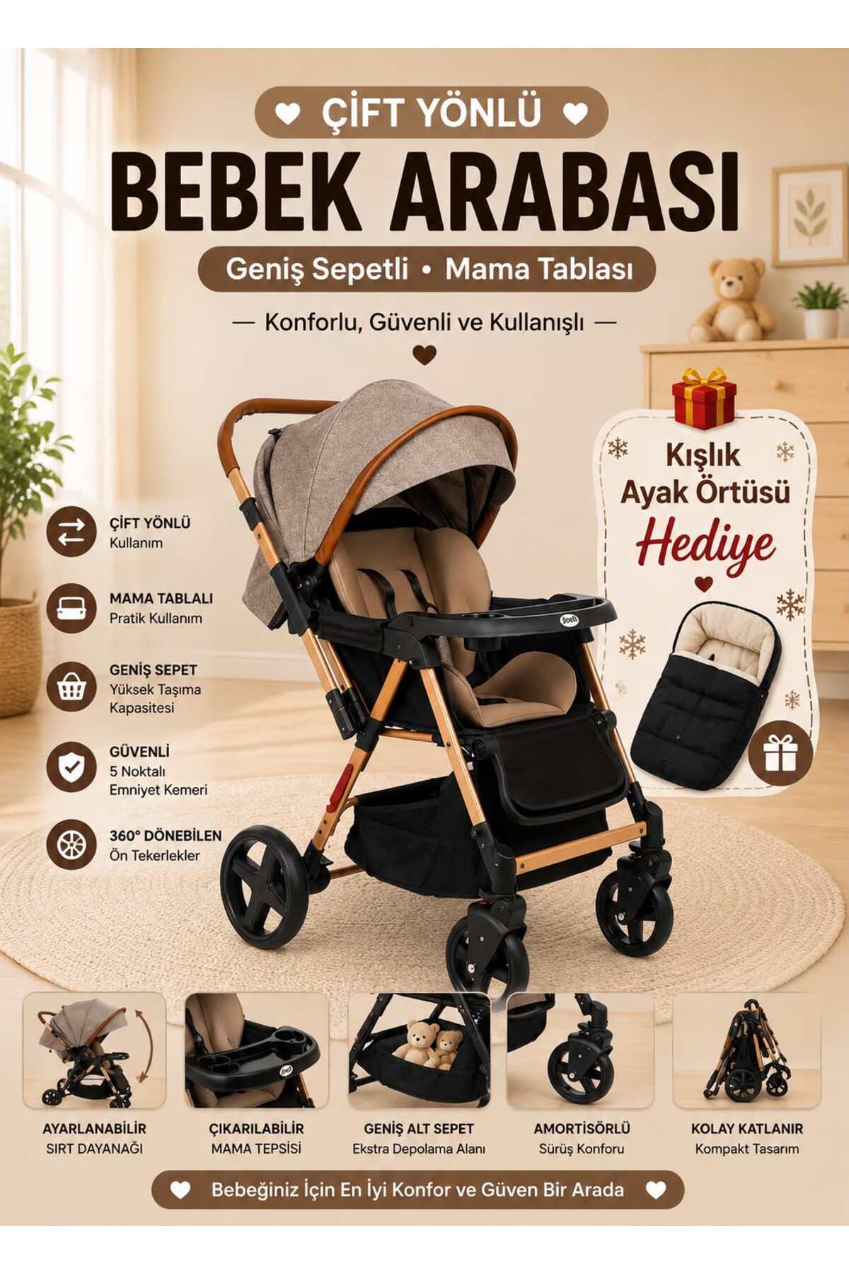 TURHANBEBE Trendy Plus Tam Yatış Pozisyonu Çift Yönlü Mama Tablalı Geniş Sepetli Bebek Arabası Kışlık Ayak Örtüsü Hediye