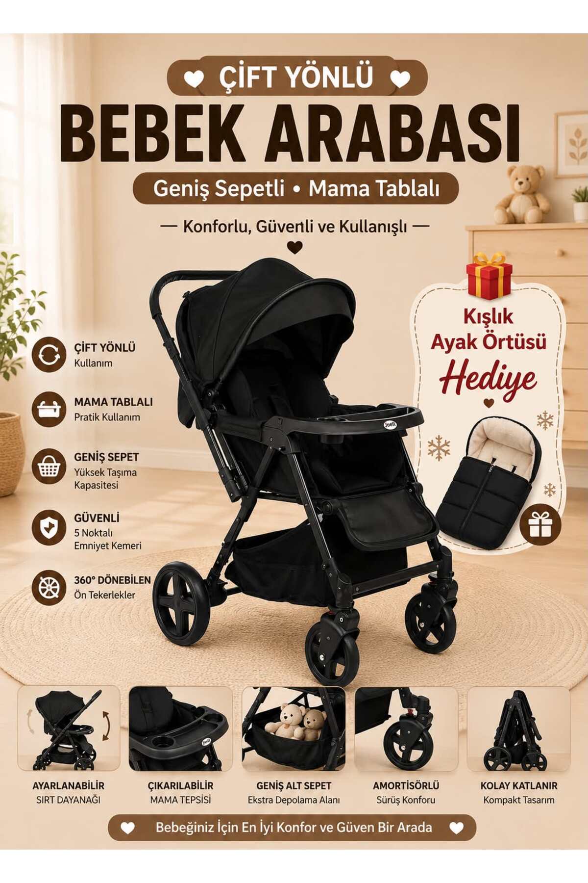 TURHANBEBE Trendy Plus Tam Yatış Pozisyonu Çift Yönlü Mama Tablalı Geniş Sepetli Bebek Arabası Kışlık Ayak Örtüsü Hediye