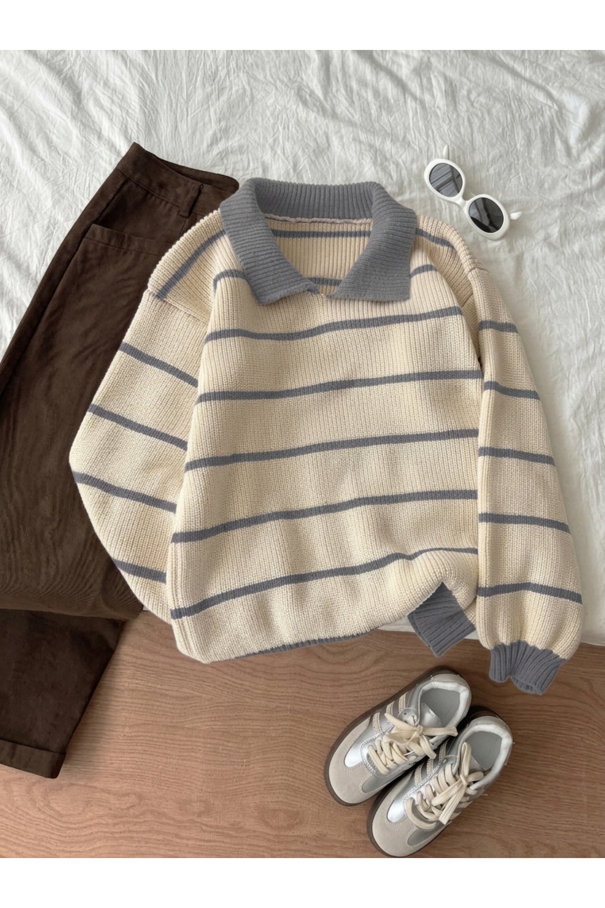Dier Moda Ekru Gri Selanik Örgü Polo Yaka Oversize Triko Kazak
