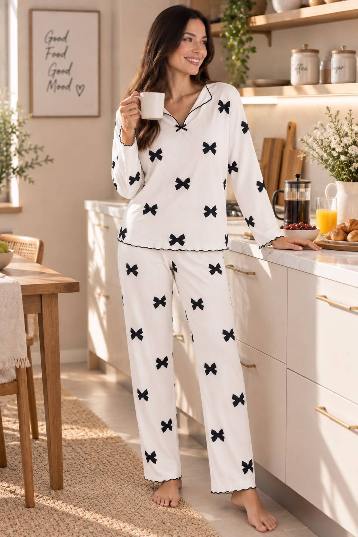 Arvin Pijama Kadın Kurdele Desenli Yumuşak Dokulu Şardonlu Kışlık Pamuklu Uzun Kol Rahat Kalıp Pijama Takımı görsel 3