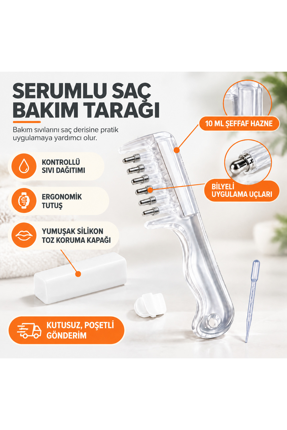Genel Markalar Serumlu Saç Bakım Tarağı 10 ml Bilyeli Sıvı Uygulama Tarağı — بی‌رنگ SERUMLU-SAC-TARAGI