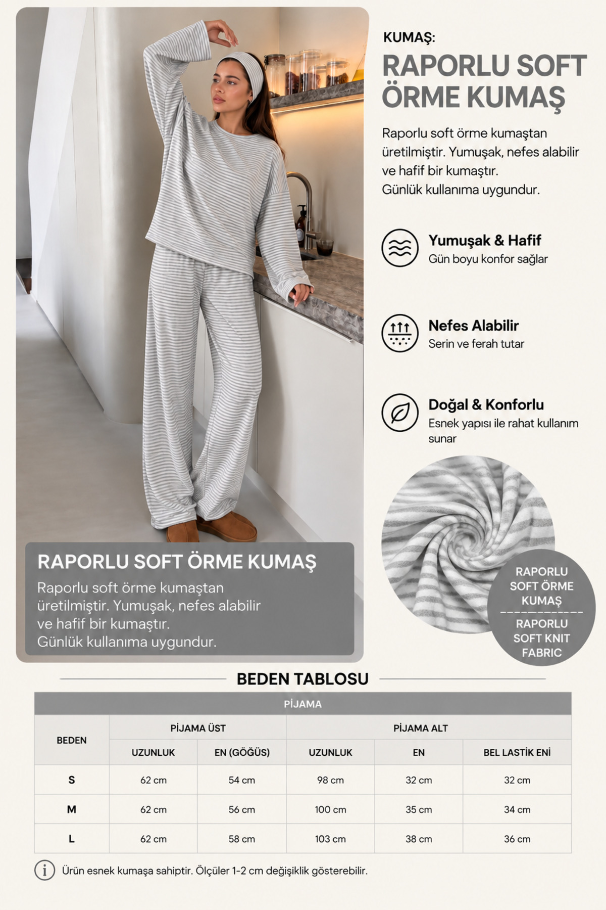 ÖZ PAMUK Kadın Uzun Kollu Desenli Raporlu Kumaş SOFT Pijama Takımı, Rahat Kesim Bisiklet Yaka Alt Üst Takım görsel 4
