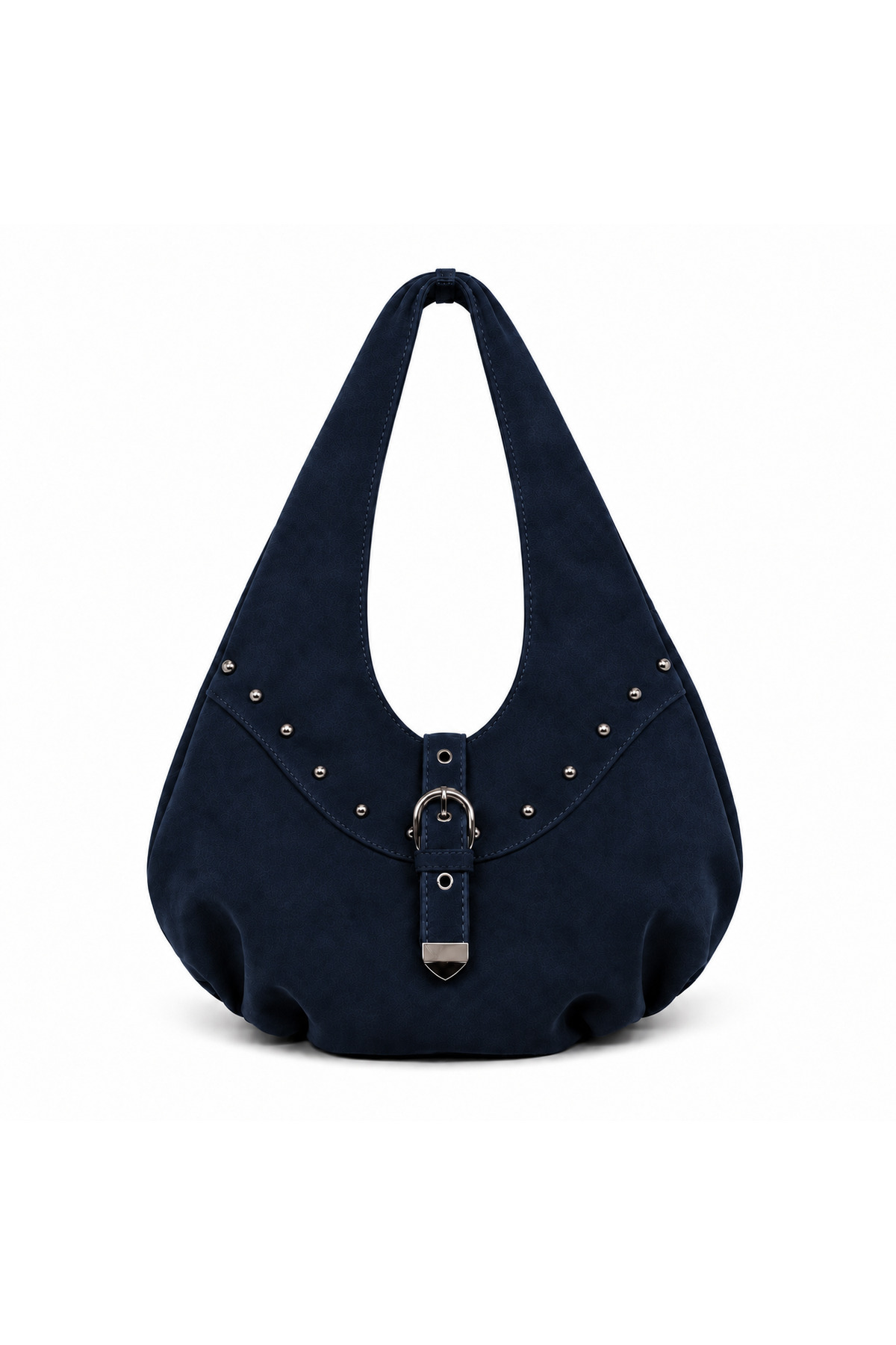 Elviora Noire Stud Kadın Lacivert Süet Hobo Omuz Çantası, Silver Tokalı Metal Detaylı Geniş Model