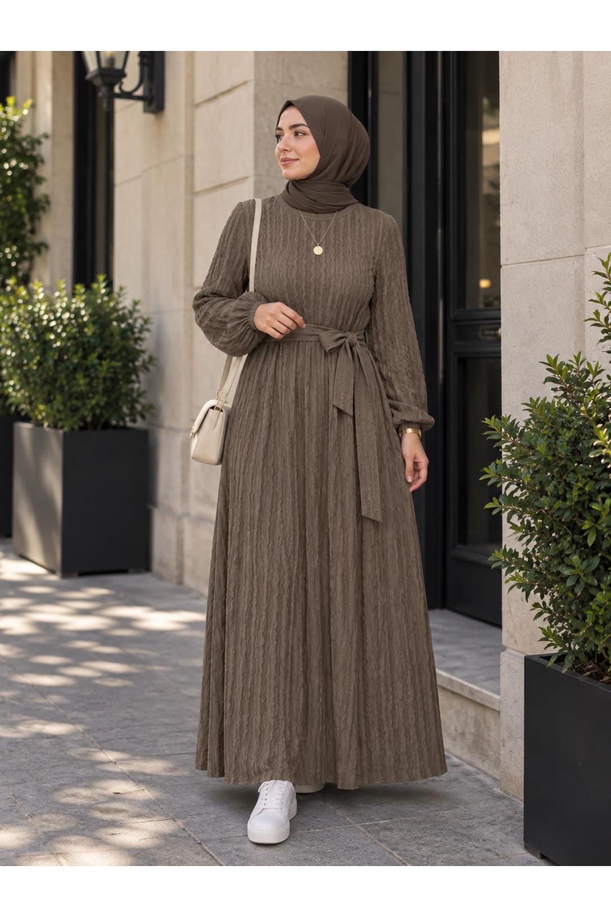 Wise&Go Store Kadın Kuşaklı Dokulu Tesettür Elbise, Uzun Kollu Günlük Elbise görsel 3