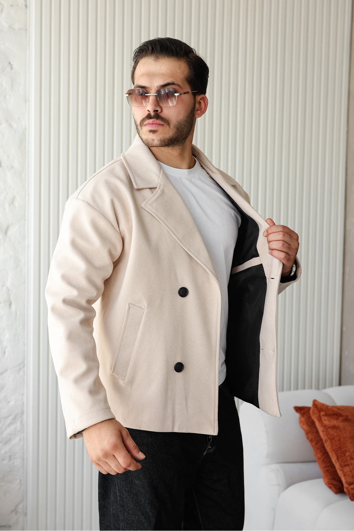 Yeni Sezon Orta Boy Rahat Kalıp Mont Premium Tüylenmez Kumaş Erkek Kaşe Kaban Ceket — بژ Cenza-Tuçi-Orta-Boy-Kaşe — تصویر 3 از 5