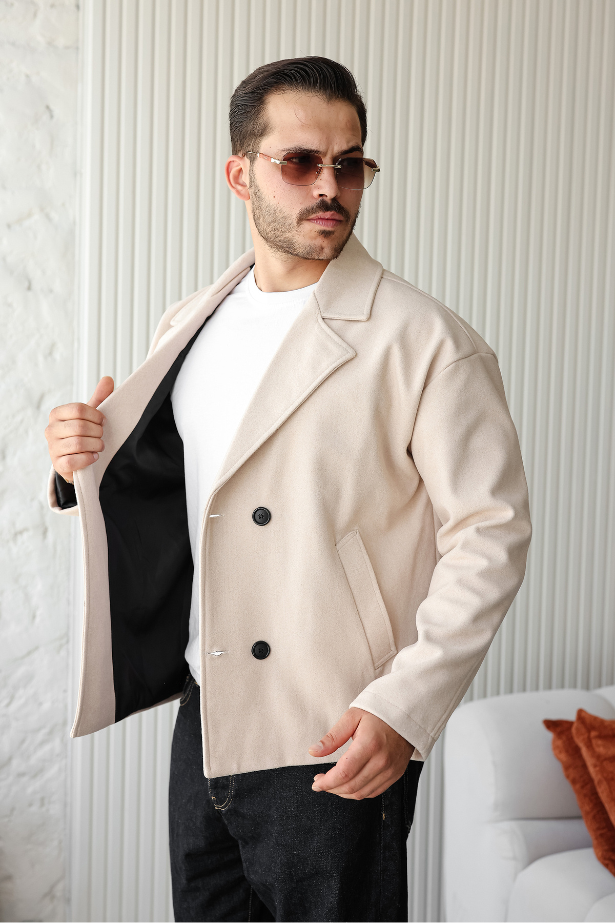 Yeni Sezon Orta Boy Rahat Kalıp Mont Premium Tüylenmez Kumaş Erkek Kaşe Kaban Ceket — بژ Cenza-Tuçi-Orta-Boy-Kaşe — تصویر 2 از 5