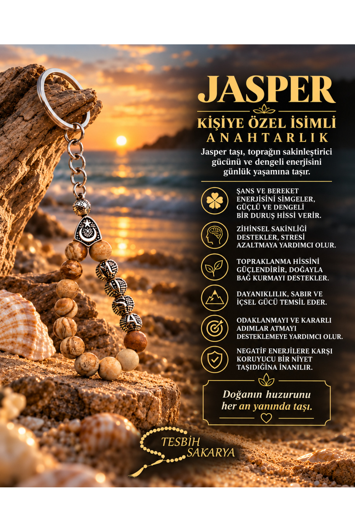 Kahverengi Jasper Taşı Kişiye özel İsimli Anahtarlık