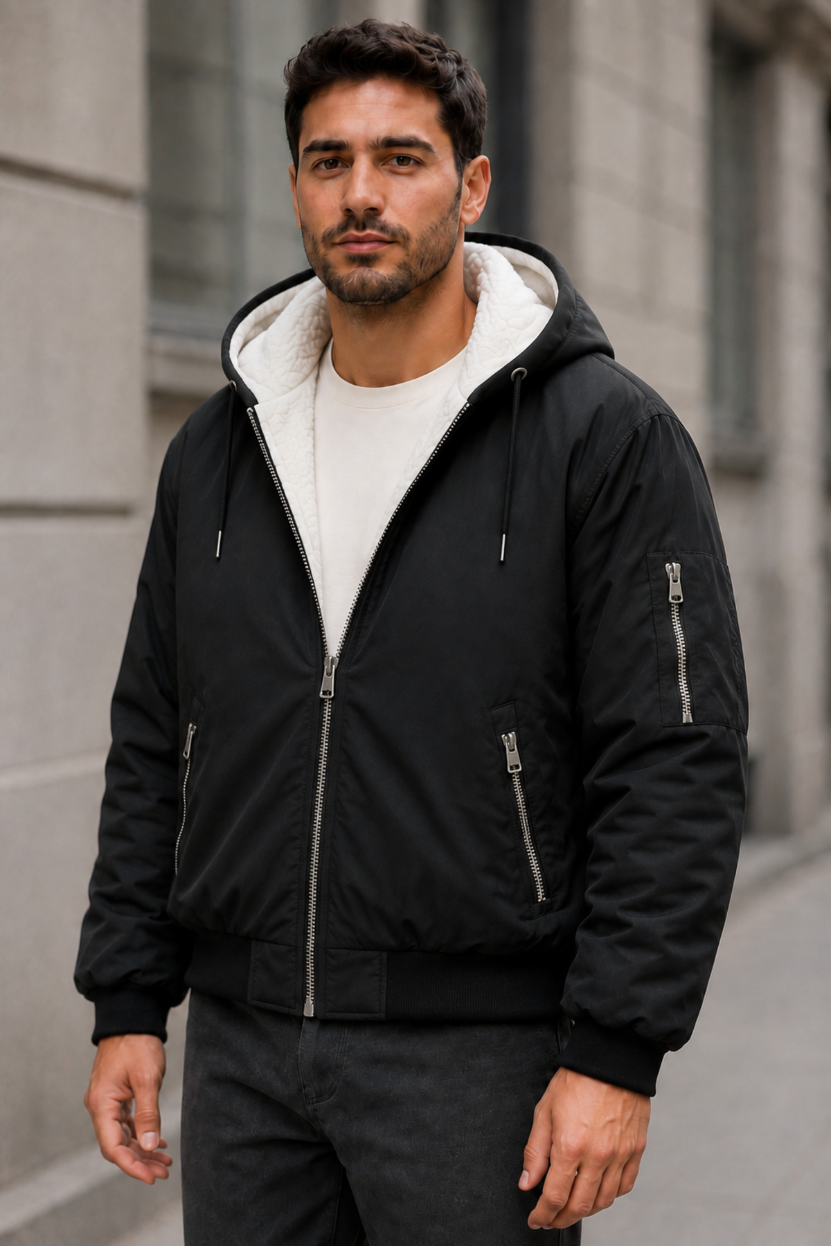 İçi Peluş Astarlı Kapüşonlu Fermuarlı Bomber Ceket — مشکی OTK25-CYB-02 — تصویر 4 از 7