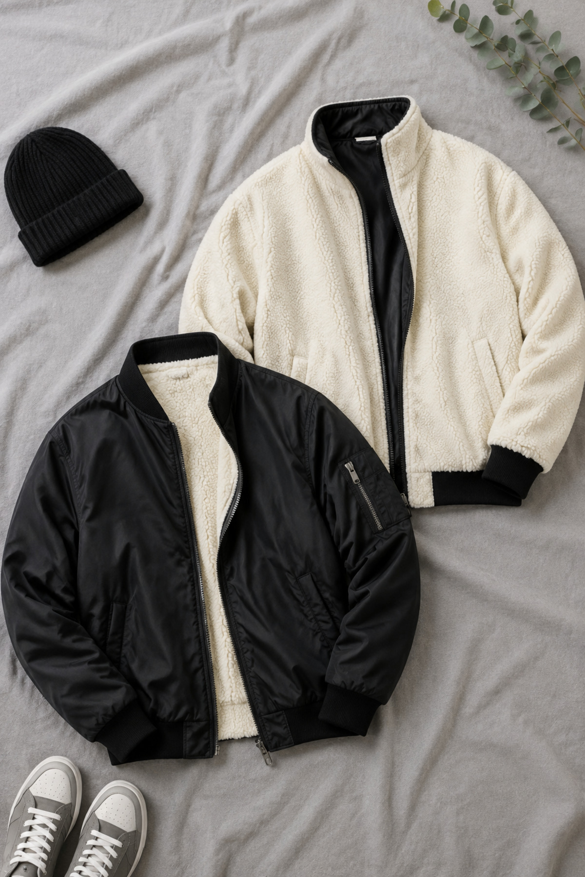 Çift Taraflı Peluş Bomber Ceket — مشکی OTK25-CYB-02