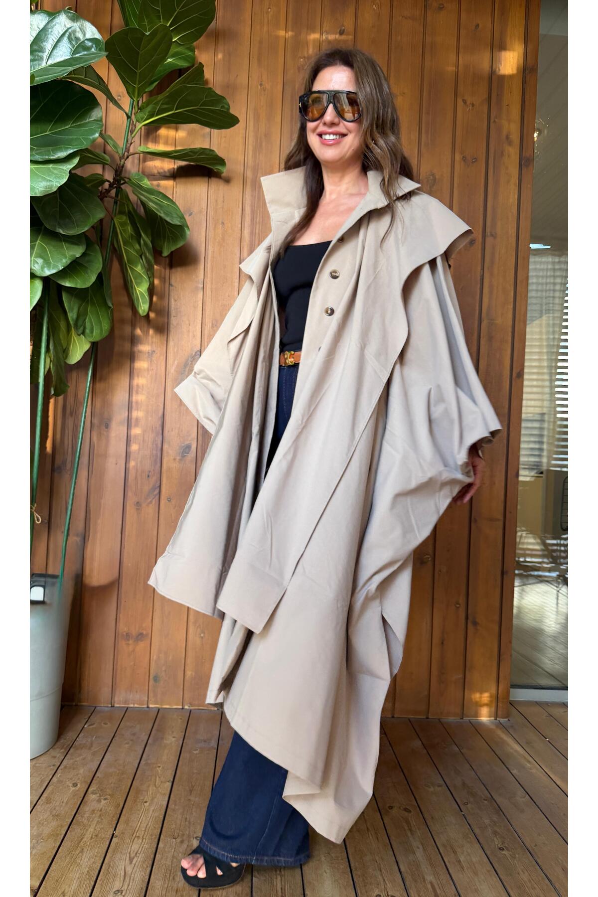 Aurélie Bej Oversize Pelerin Detaylı Uzun Trençkot