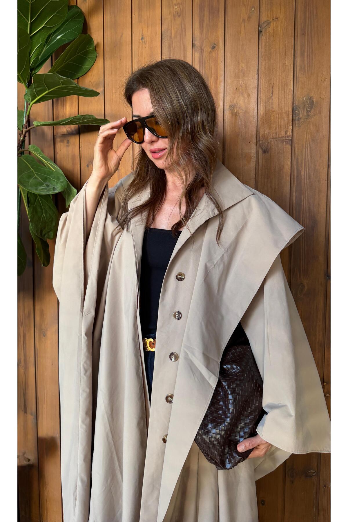 Aurélie Bej Oversize Pelerin Detaylı Uzun Trençkot görsel 7