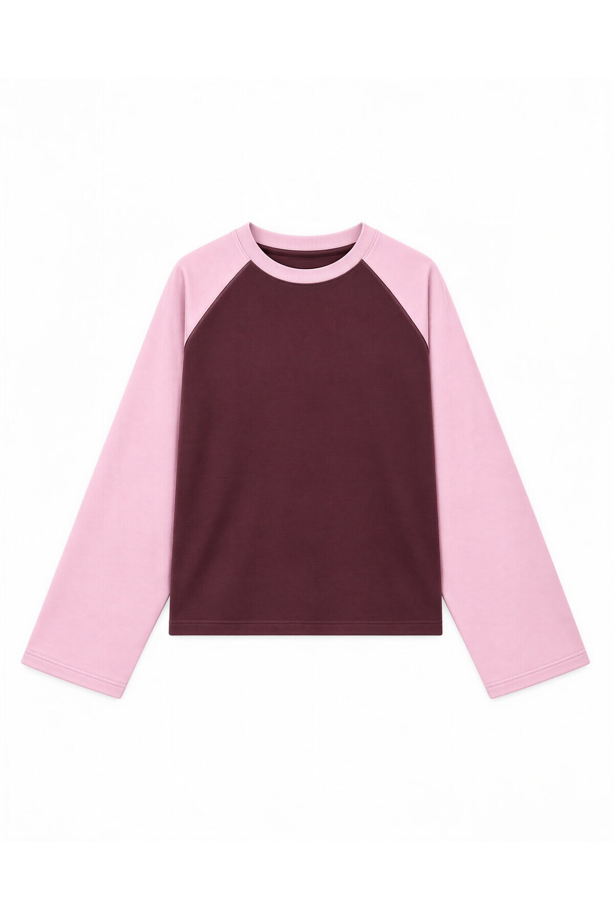 CrepTekstil Kadın Çift Renkli Reglan Kollu Bisiklet Yaka Uzun Kollu Oversize Sweatshirt 3iplik Şardonsuz- Pembe Mürdüm görsel 7