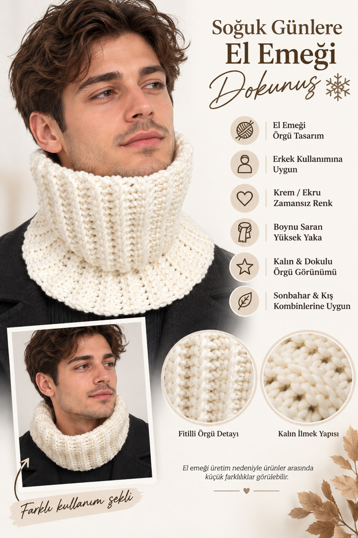 NEHOLİA Erkek Boyunluk Atkı Krem Boyun Isıtıcı görsel 2