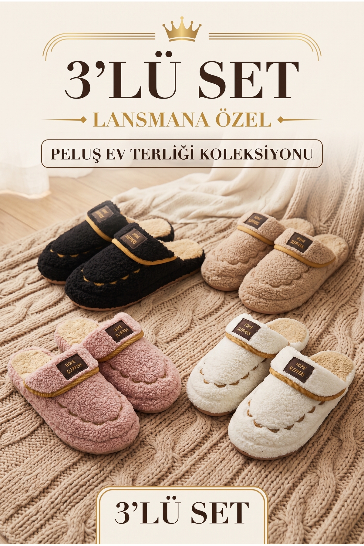 StWenn 3'lü Paket Ev Terliği Çeyiz Terliği Kışlık Terlik Ses Yapmaz Hafif Taban Taban görsel 3