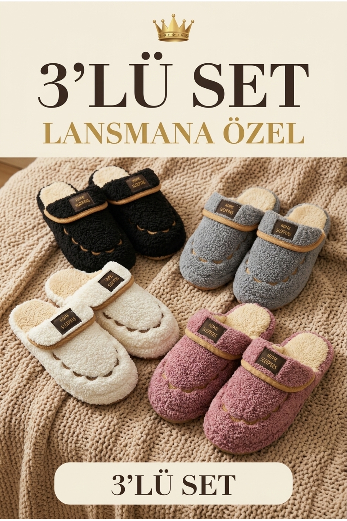 StWenn 3'lü Paket Ev Terliği Çeyiz Terliği Kışlık Terlik Ses Yapmaz Hafif Taban Taban