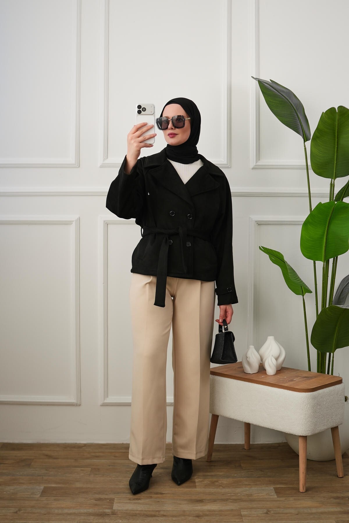 Arze Store Kuşaklı Çift Düğmeli Süet Trençkot - Siyah görsel 5