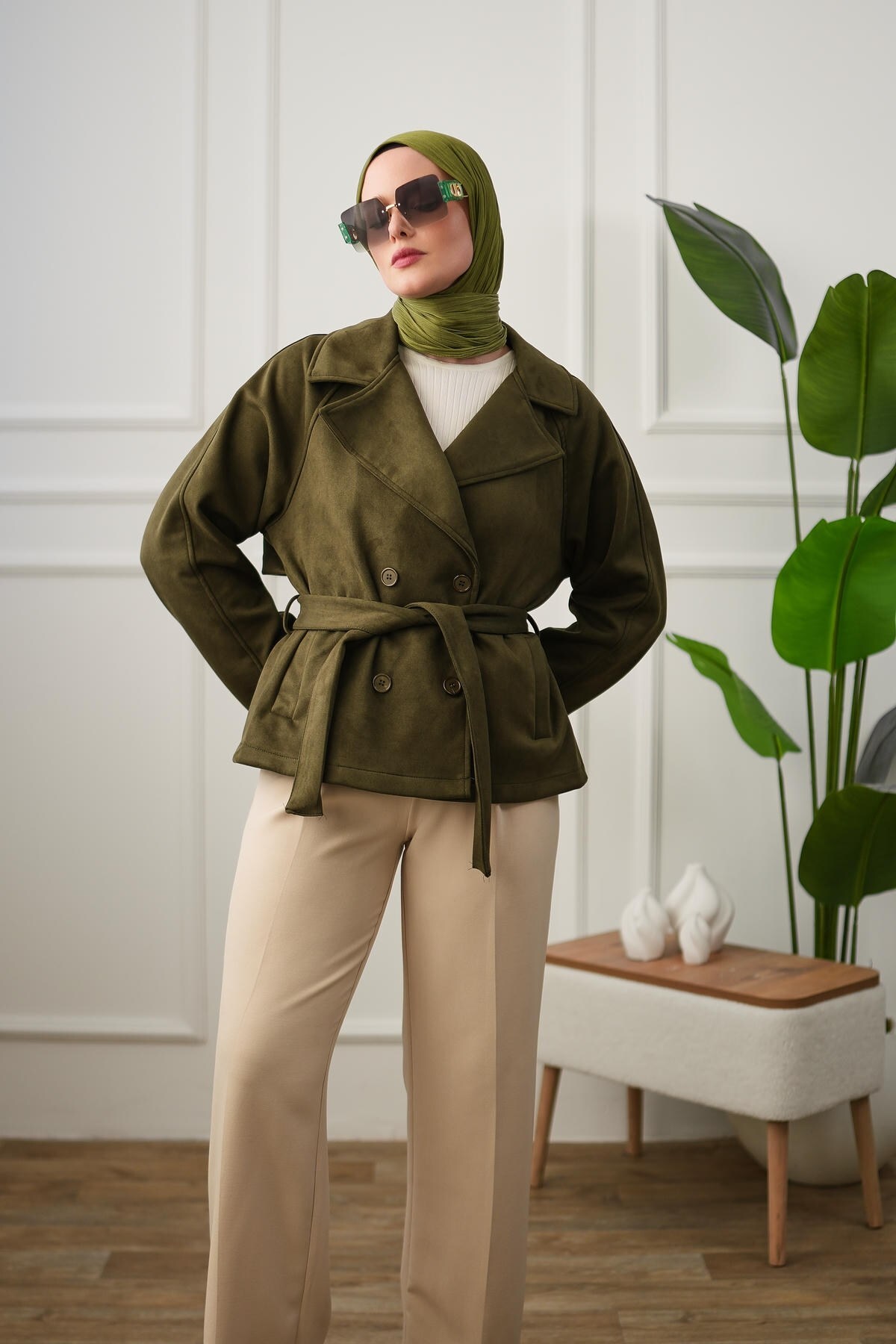 Arze Store Kuşaklı Çift Düğmeli Süet Trençkot - Haki görsel 5