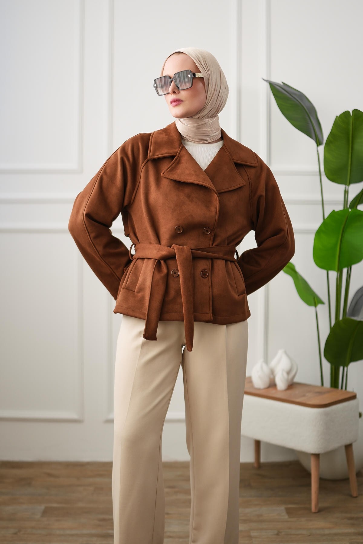 Arze Store Kuşaklı Çift Düğmeli Süet Trençkot - Taba görsel 7