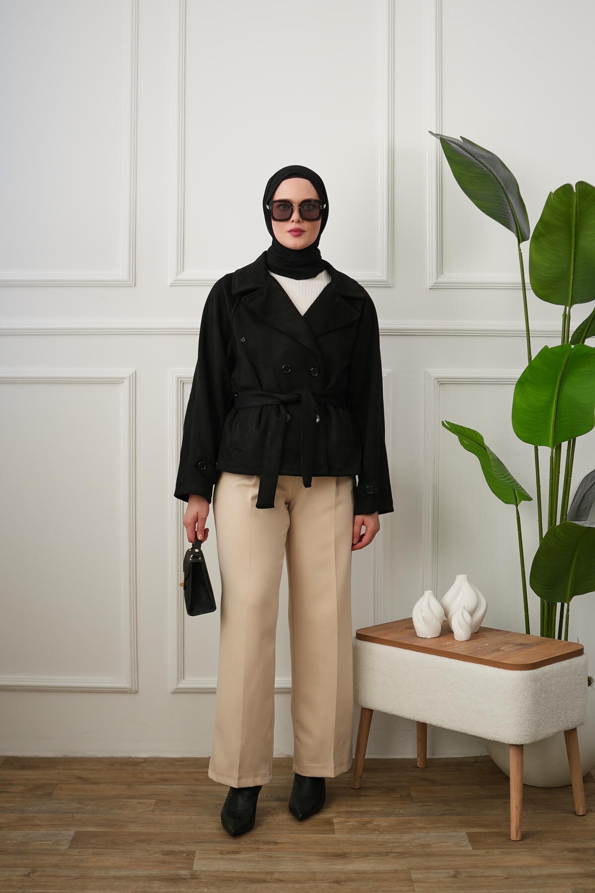 Arze Store Kuşaklı Çift Düğmeli Süet Trençkot - Siyah