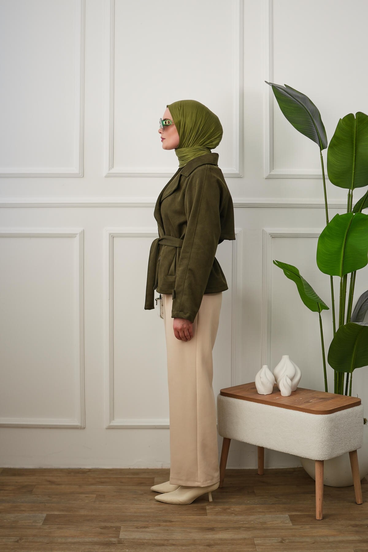 Arze Store Kuşaklı Çift Düğmeli Süet Trençkot - Haki görsel 2