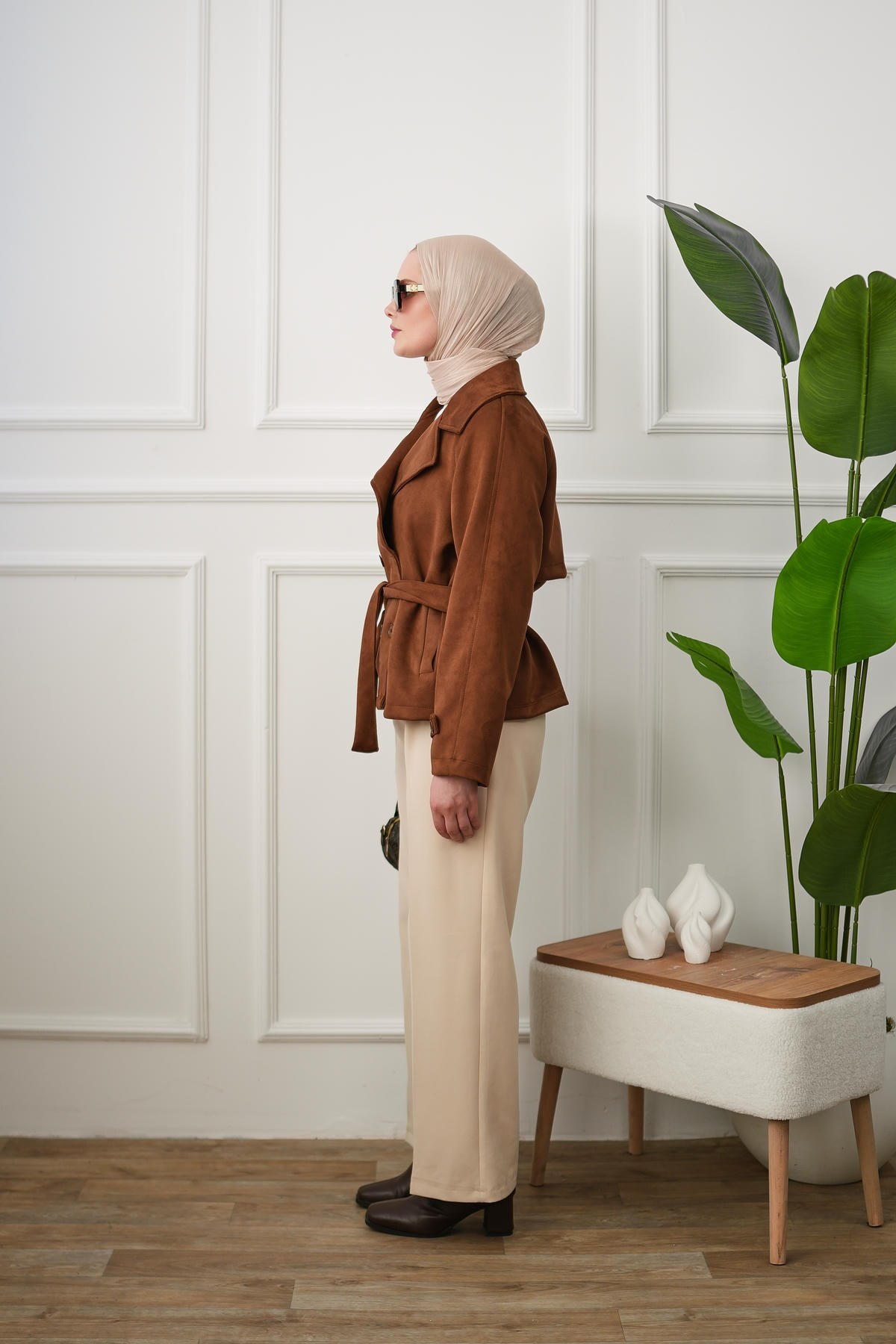 Arze Store Kuşaklı Çift Düğmeli Süet Trençkot - Taba görsel 2