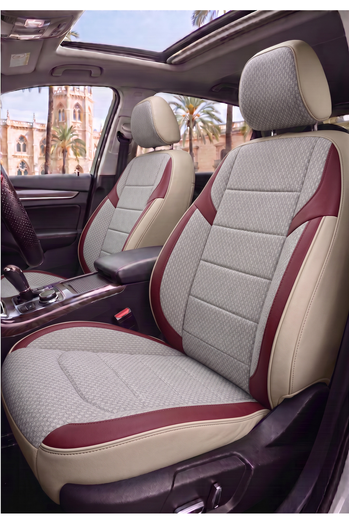 Mihway SaytecPam Bej Bordo Pamuk Ford Fiesta 2008-2025 Model İle Uyumlu Koltuk Kılıfı TAM SET