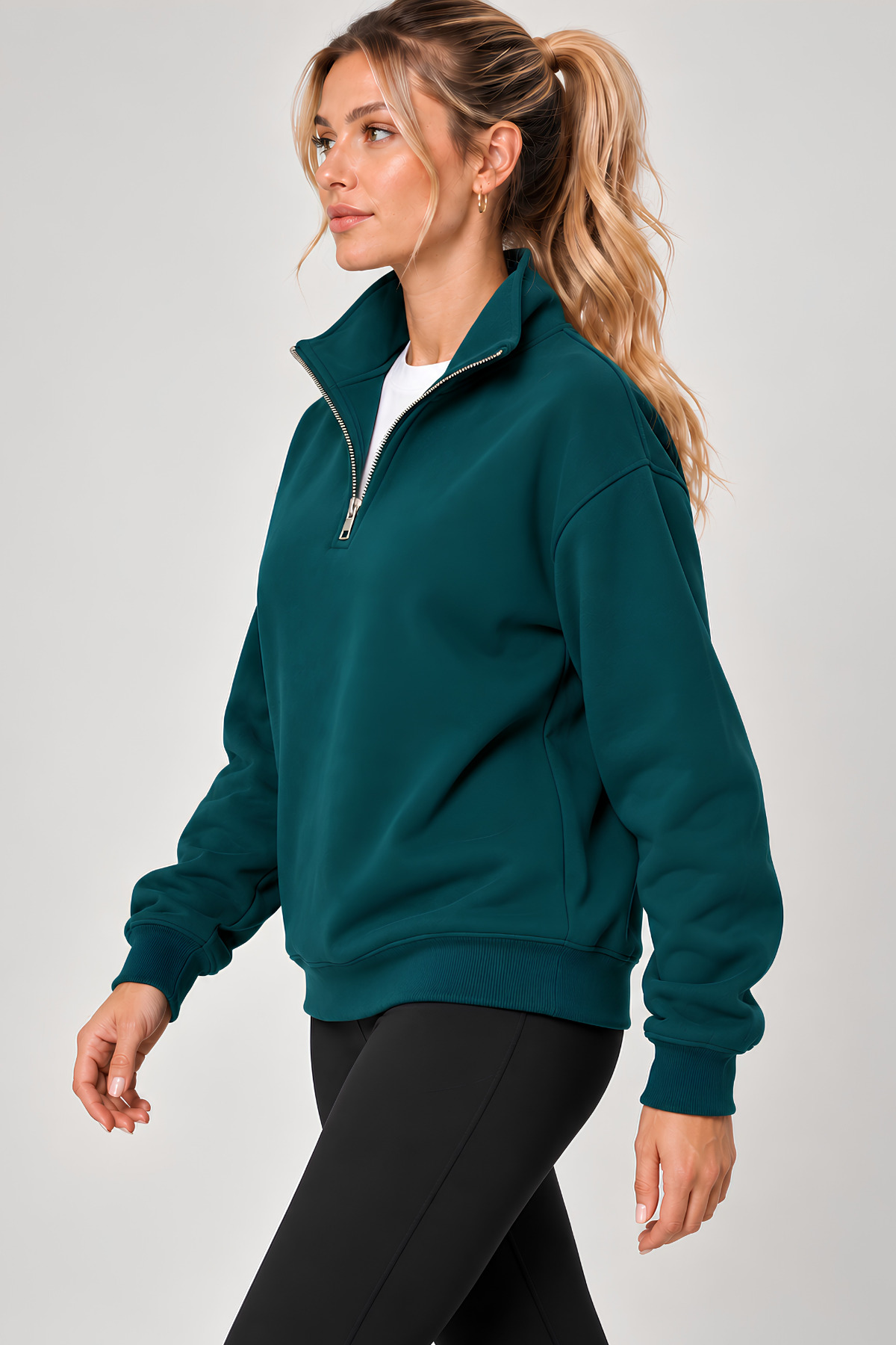 GENIUS STORE Kadın Sweatshirt Dik Yaka Yarım Fermuarlı Oversize Kalıp İçi Polarlı Kadın Spor Sweatshirt görsel 2