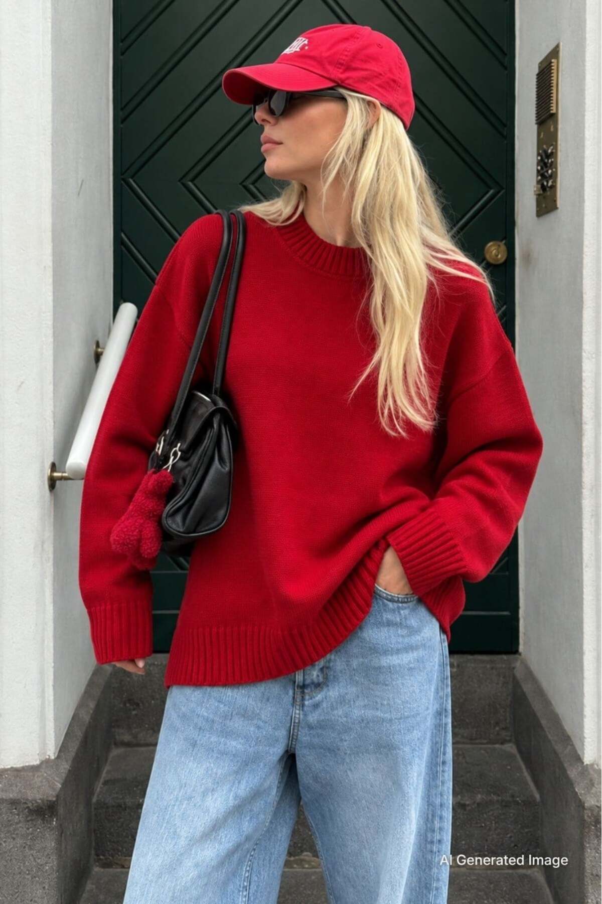 Madmext Kırmızı Bisiklet Yaka Oversize Uzun Kadın Triko Kazak MG2890