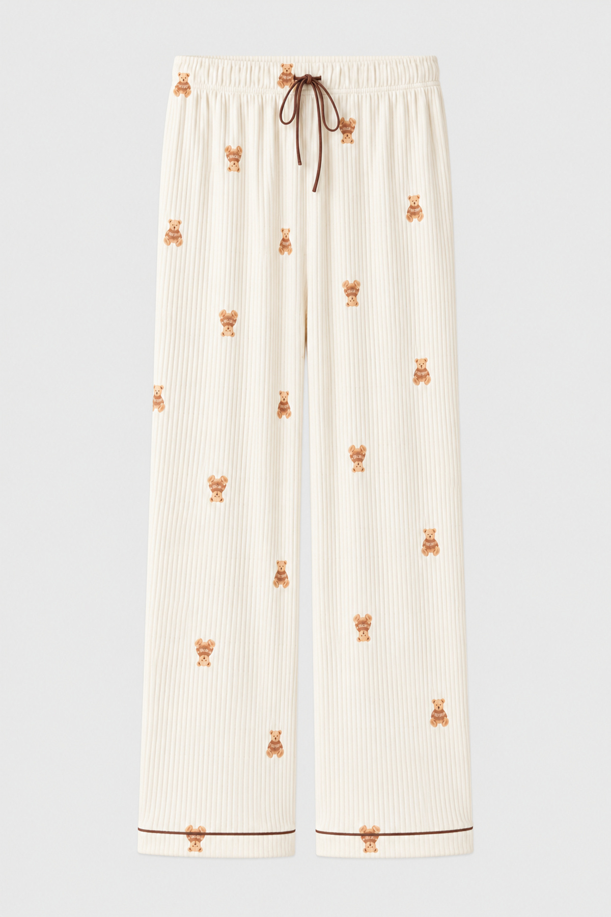 Kadın Pijama Takım Ayıcık Desenli Fitilli Kaşkorse Düğmeli Biyeli Uzun Kol Gömlek Yaka Ev Giyim W6E789D8