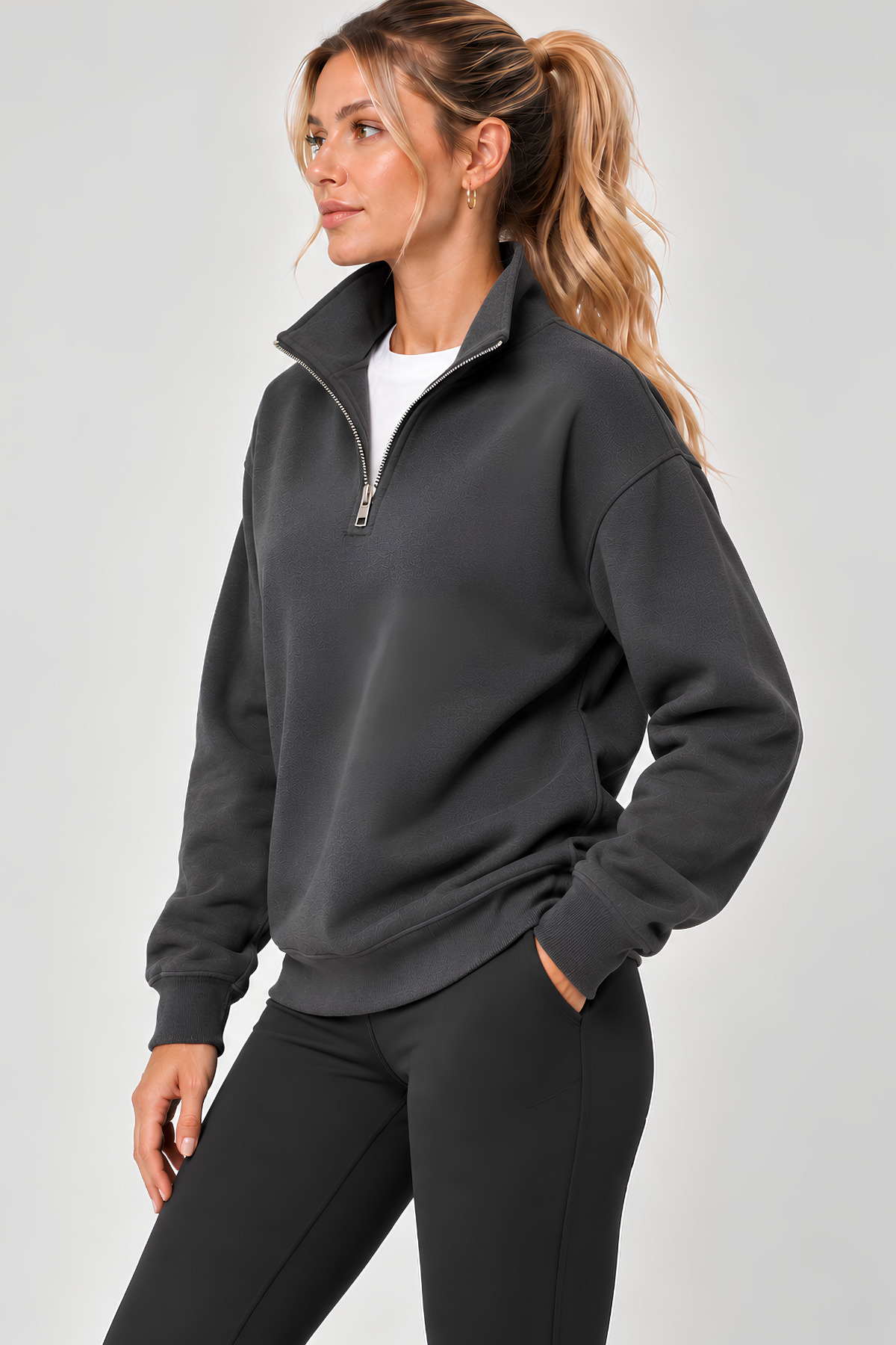 GENIUS STORE Kadın Sweatshirt Dik Yaka Yarım Fermuarlı Oversize Kalıp İçi Polarlı Kadın Spor Sweatshirt görsel 2